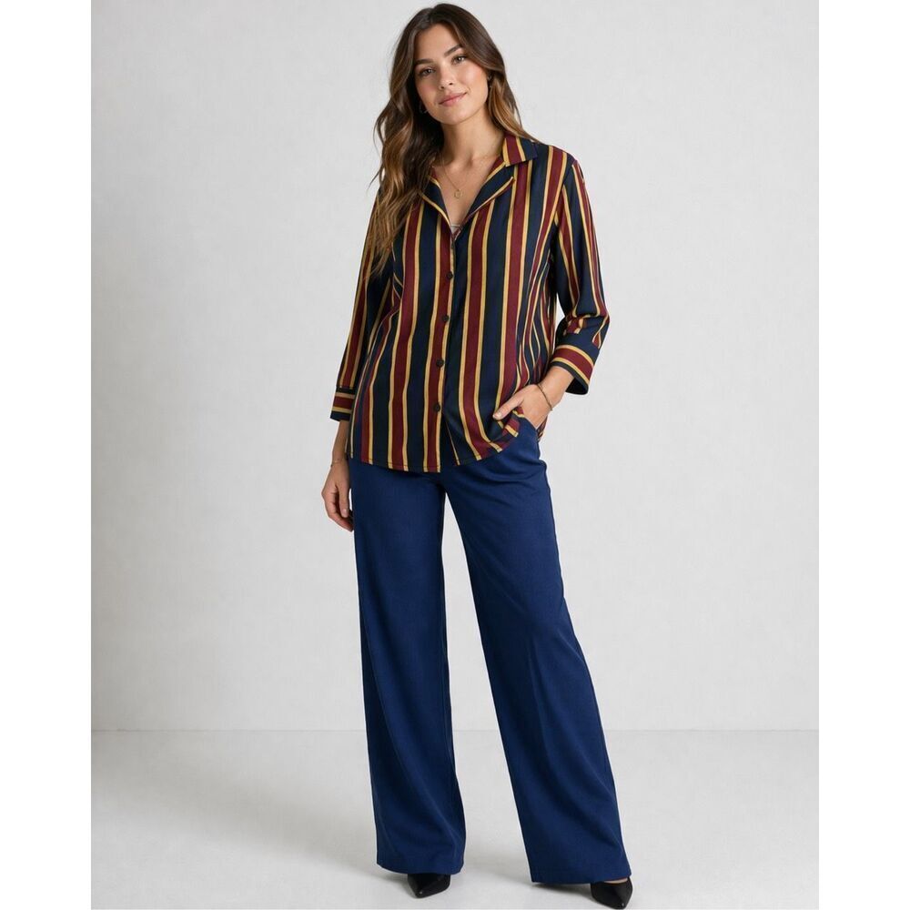 Vintage SHANI Striped Button Up Blouse Navy Red Yellow Medium